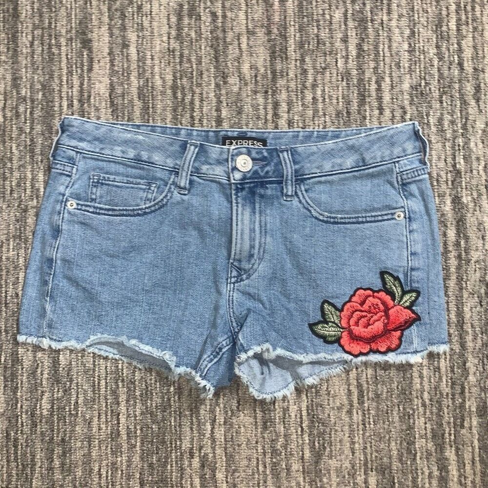 Express Womens 4 Denim Shortie Cut Off Shorts Blue Embroidered Rose Low Rise